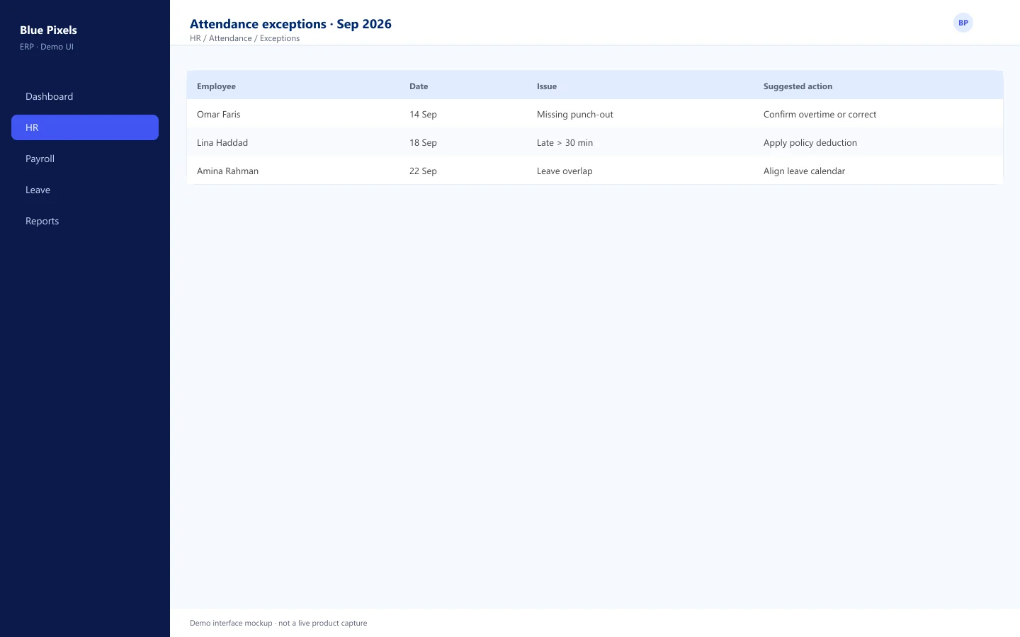 Demo interface mockup — Attendance exceptions for a pay period