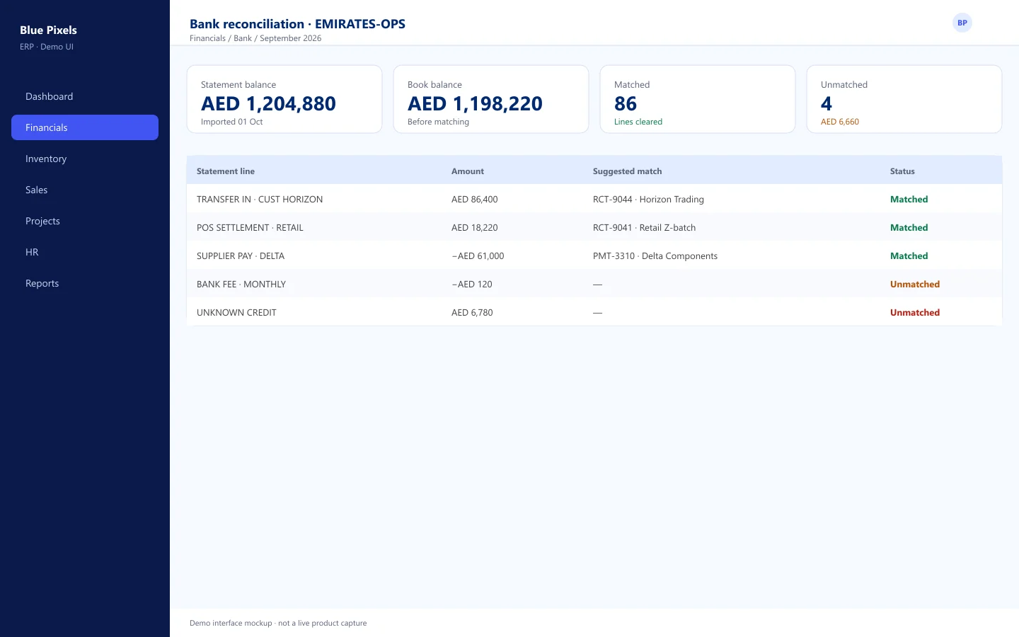 Demo interface mockup — Bank reconciliation matching an imported statement to posted entries