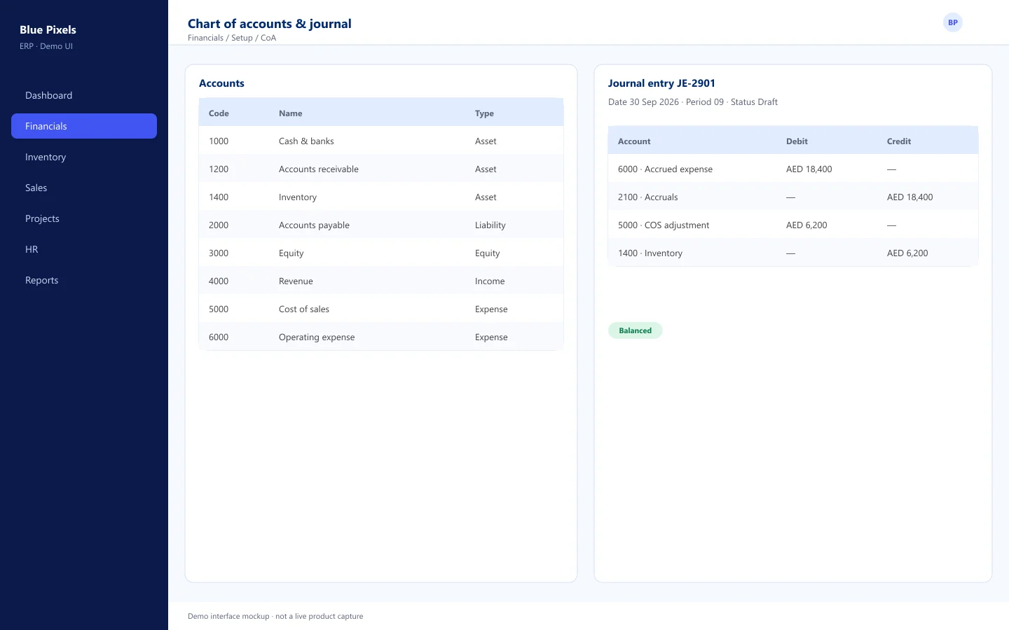 Demo interface mockup — Chart of accounts and journal entry