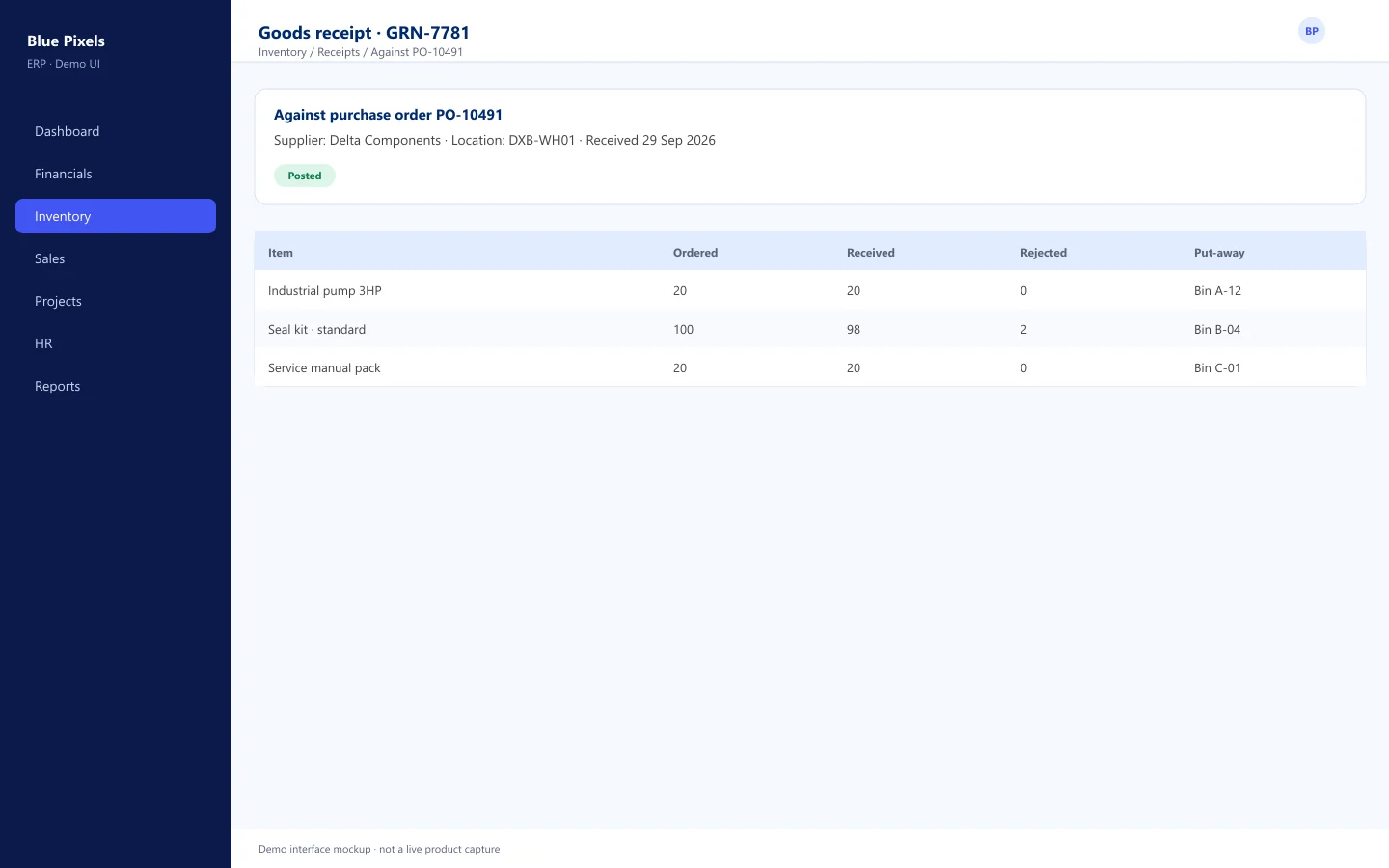 Demo interface mockup — Goods receipt against a purchase order