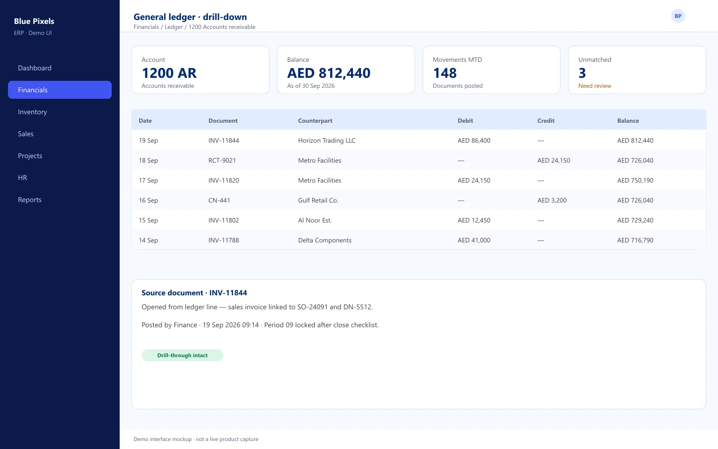 Demo interface mockup — General ledger with drill-down from balance to source document
