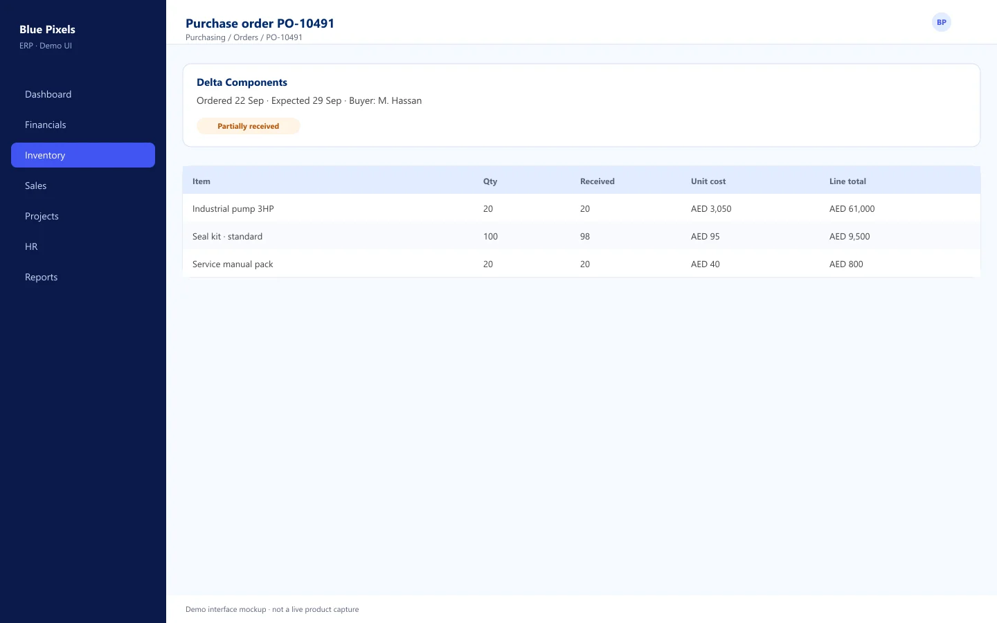 Demo interface mockup — Purchase order with receipt status