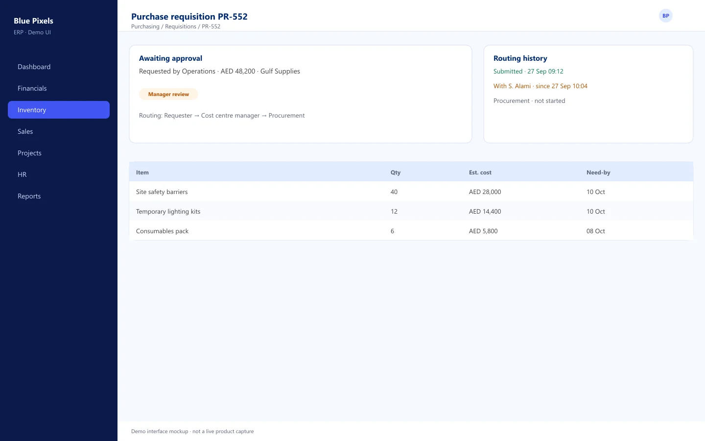 Demo interface mockup — Purchase requisition awaiting approval, with routing history