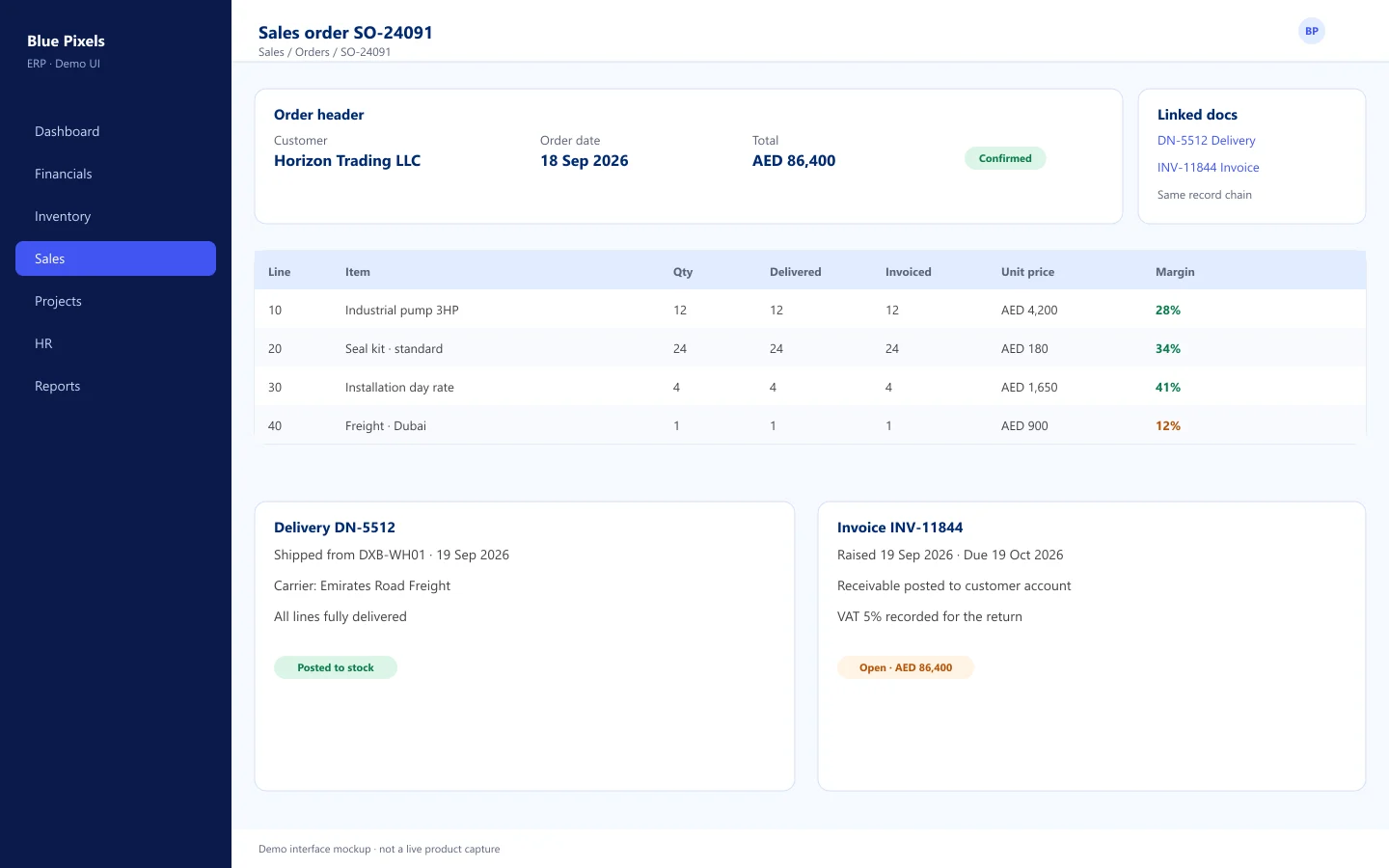 Demo interface mockup — Sales order with linked delivery and invoice