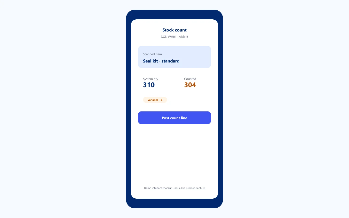 Demo interface mockup — Mobile stock count entry with variance highlighting