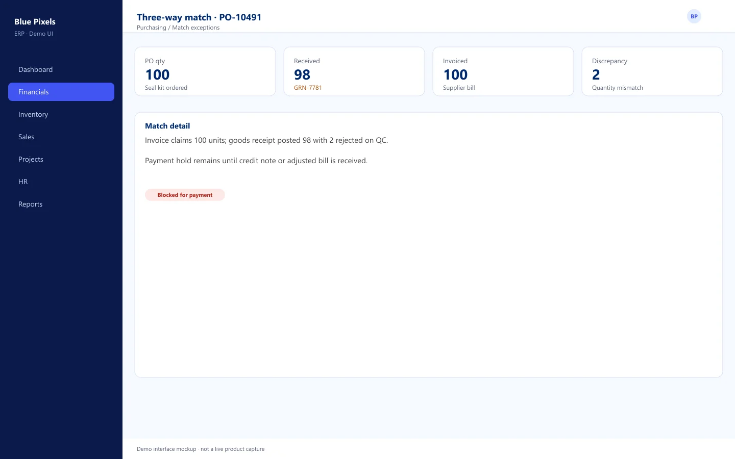 Demo interface mockup — Three-way match showing a quantity discrepancy