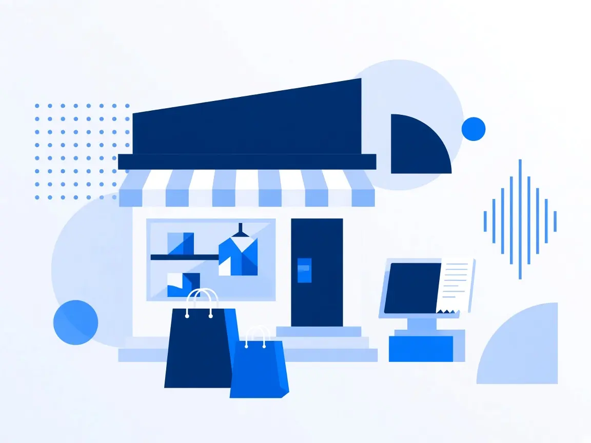 Illustration of a retail storefront, POS and multi-branch stock.