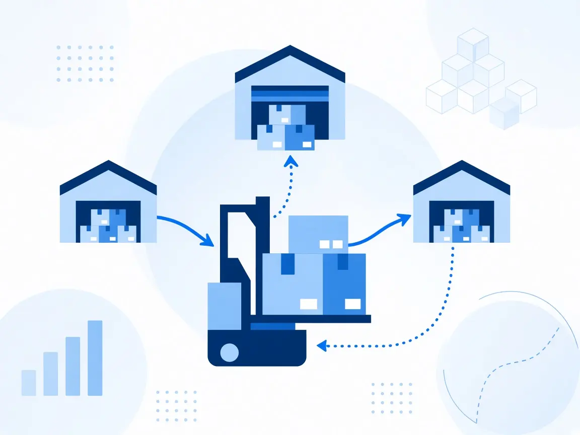 Illustration of warehouse stock moving across locations with distribution flow arrows.