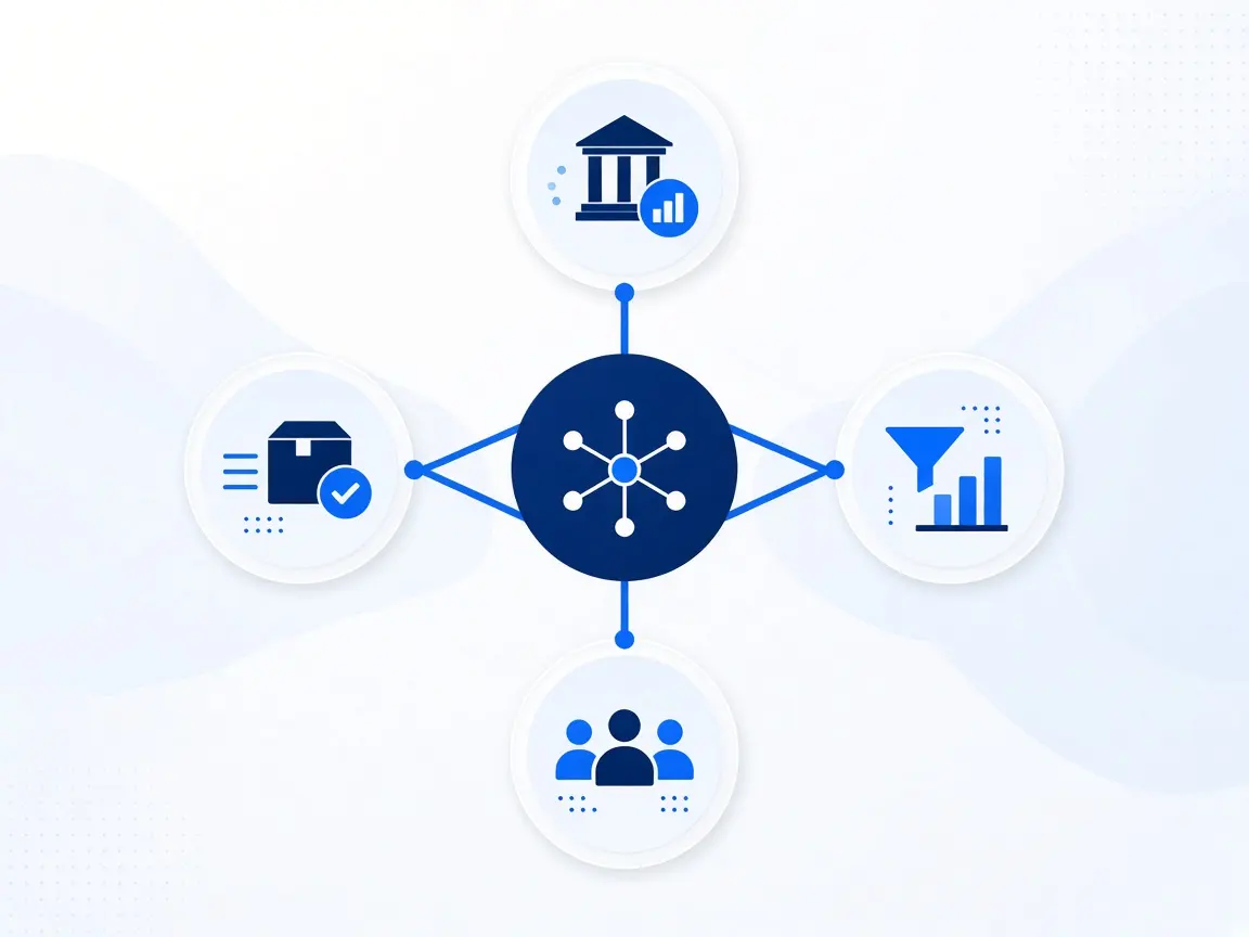 Illustration of finance, stock, sales and people connected through one shared ledger.